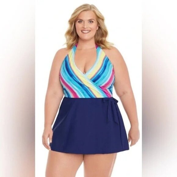 NWT Coastal Cove Missy Faux Wrap Swim dress Size 8 Navy Multi-Color Rainbow Stri - Picture 1 of 6